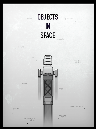 minimalistic space ship with the words objects in space at the top in the middle