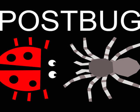 red ladybird and grey spider facing each other in a black background with the words postbug at the top in the centre in white